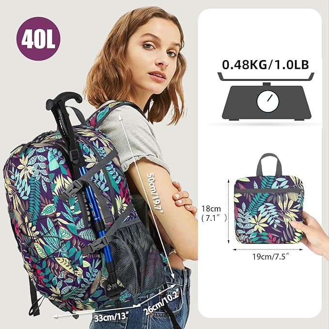 40L Lightweight Hiking Backpack Travel Packable Daypack for Women and Men, Purple Leaf
