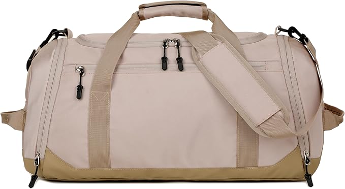 Gym Bag for Men Women, Large Sports Travel Duffle Bag with Wet Pocket & Shoe Compartment, 35L Waterproof Lightweight Carry On Overnight Weekender Bag for Workout, Fitness, Business - Beige