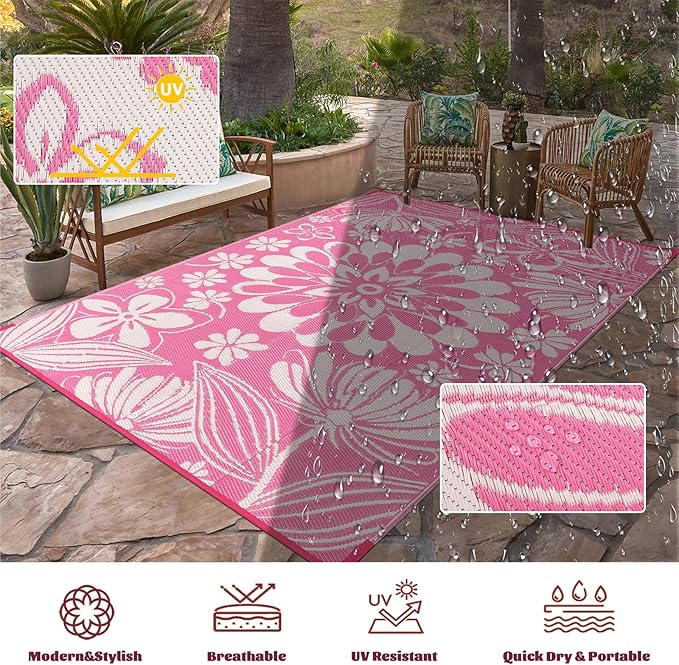 Ileading Outdoor Plastic Straw Rug 6x9ft Funny Floral Style Reversible Patio Area Rugs Waterproof Non Shedding Portable Carpets for Rv Outside Deck Pool Beach Picnic Camping (Pink)