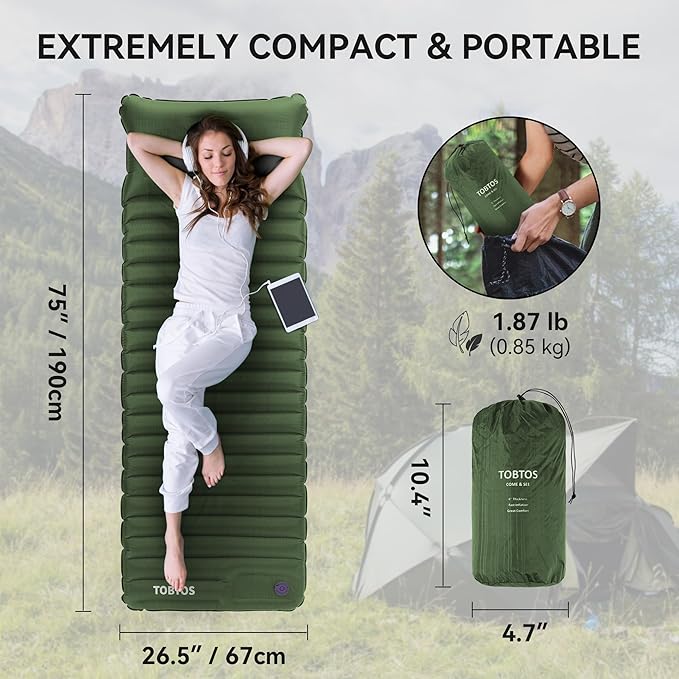 TOBTOS Inflatable Sleeping Pad for Camping with Pillow, 4" Thick Camping Mat with Built-in Foot Pump, Compact Air Mattress for Camping, Hiking, Backpacking (Green)