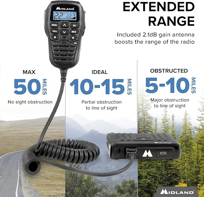 Midland – MXT275 MicroMobile® GMRS Radio – 15 watts Two-Way Radio with Integrated Control Microphone – Overland Caravanning Tractors – Detachable External Magnetic Mount Antenna - 8 Repeater Channels