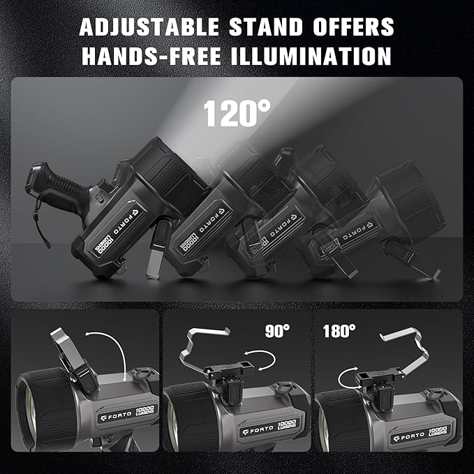 FORTO Rechargeable Spotlight 10000 Lumen Ultra Bright IPX7 Waterproof Spotlight, Boat Spotlight with EVA Carrying Case Tripod, 7 Light Modes Handheld Spotlight Flashlight for Marine Boat Hunting