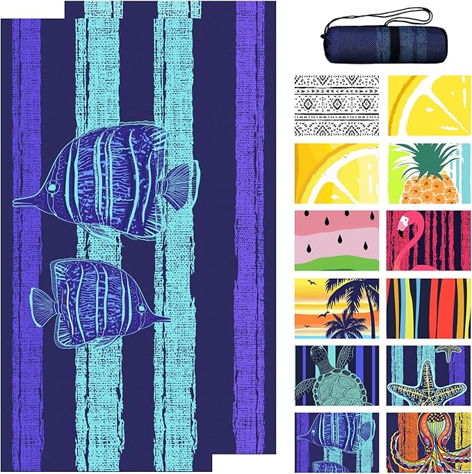 Bnuitland Stripy-Blue Fishes Pattern Beach Towel (35X75 inches), Oversized Quick Drying Absorbent Sand Free, Cute Towels for Travel Swimming Pool Picnic, 88% Polyester and 12% Polyamide, Blue