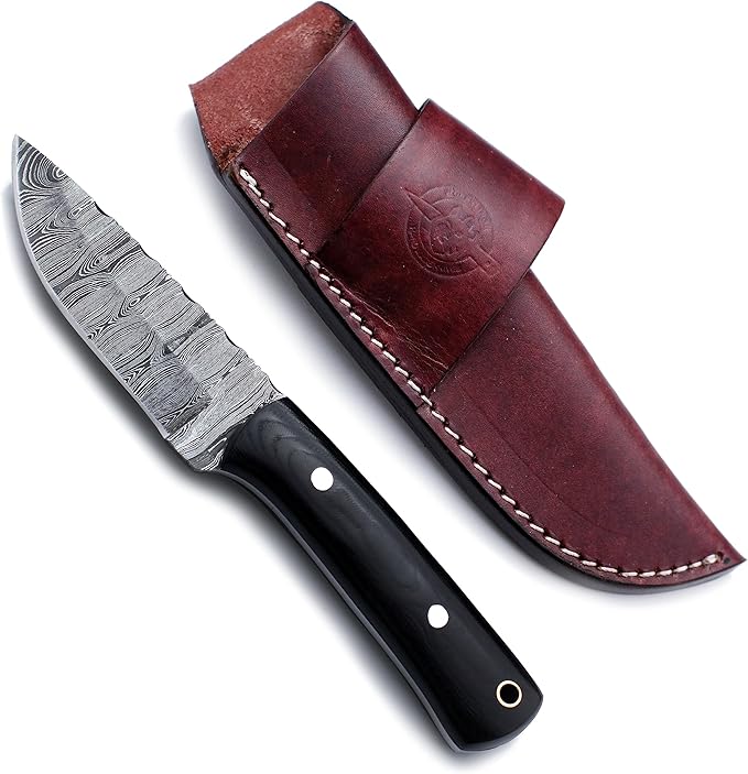 Handmade Damascus Steel Knife for Hunting,Survival,Camping,Bushcraft,and Fishing Fixed Blade with Drop Point Full Tang Micarta Handle,-with Cowhide-Leather Sheath - WKD-790