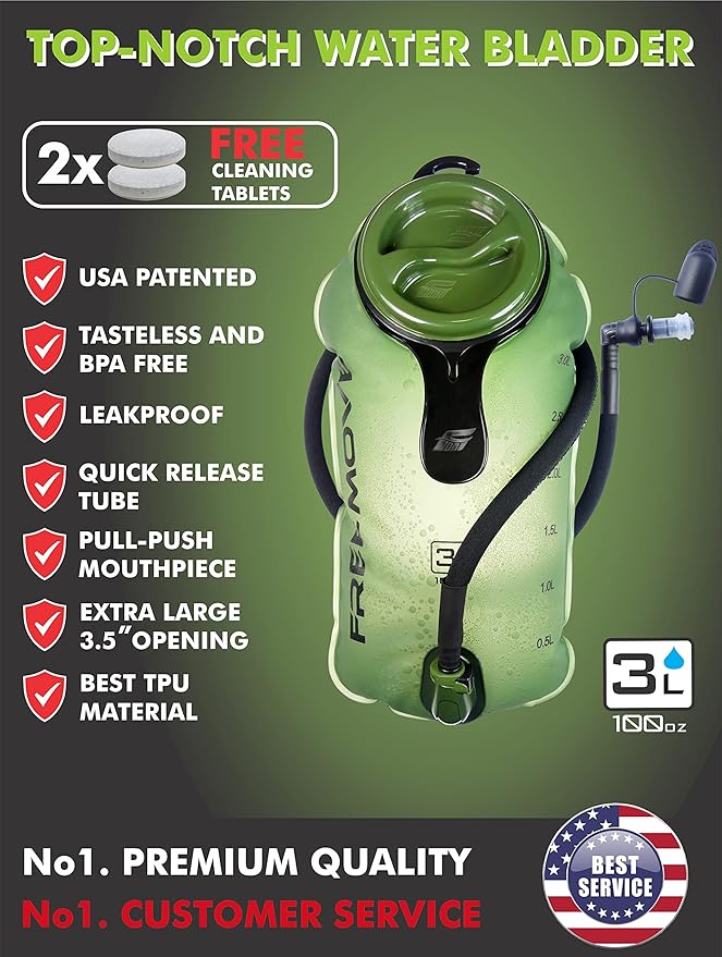 FREEMOVE Hydration Bladder 2L / 3L Water Bladder for Hiking Backpack >Blue or Green< Leak Proof Hydration Pack, Tasteless & BPA Free, TPU Water Reservoir, Quick Release Insulated Tube & Shutoff Valve