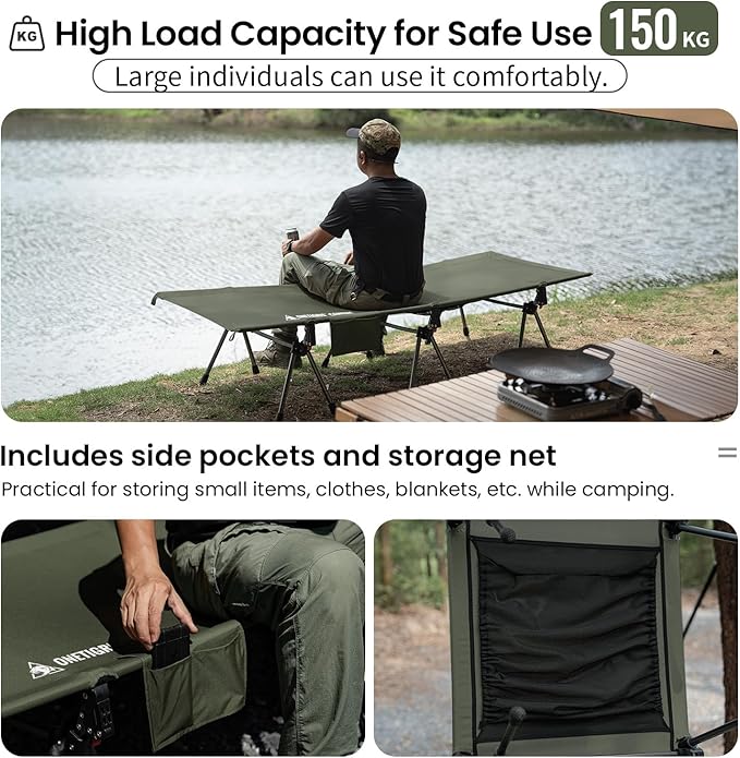 OneTigris SUPRANUBIS Camping Cot, Height Adjustable with Cot Leg Extenders, Strong Support 330lbs, Portable Folding Bed for Camping, Hiking, Travel, Truck, Beach, Office Nap (Ranger Green)