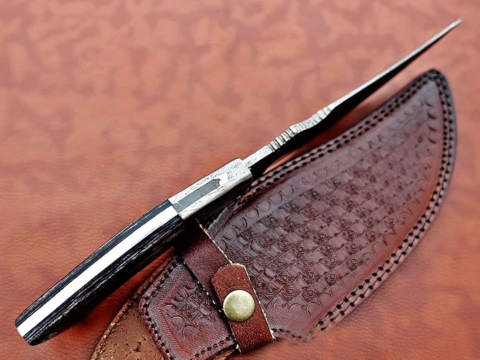 11.5" Long Hand Forged Damascus Steel Trailing Point Full Tang Blade Skinning Knife, 2 Tone Black Dollar Wood Scale with Damascus Bolster, Cow Hide Leather Sheath Included