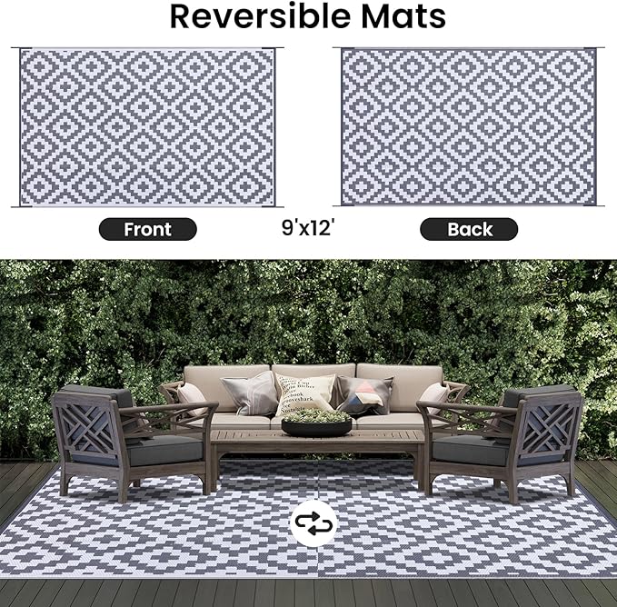 Smiry Waterproof Outdoor Rug 9x12 ft, Reversible Plastic Straw Patio Camping Rugs, Outdoor Indoor RV Mat Carpet for Patio, Outside Entry, Backyard, Deck, Bench, Picnic, Camper, White & Grey