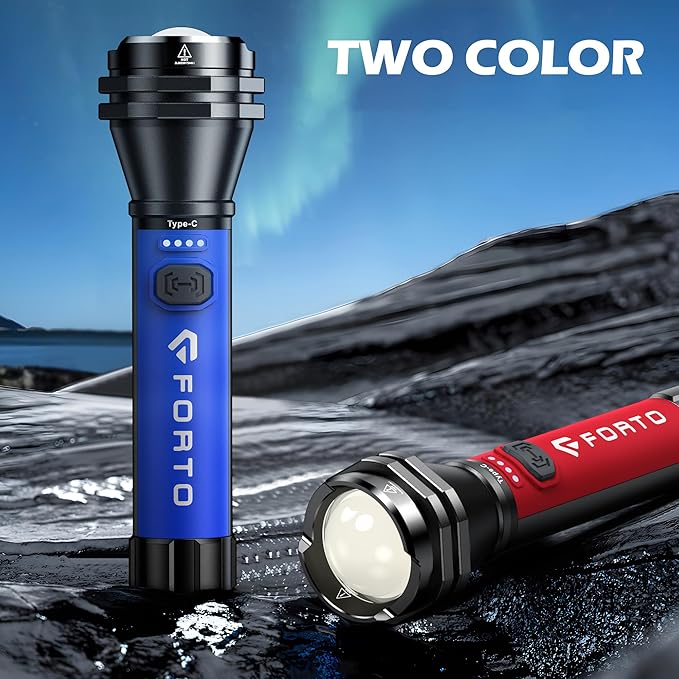 FORTO Flashlight 100000 High Lumens,Super Bright LED Rechargeable Flashlight,Zoomable,Waterproof,4 Modes Flash Light with Side Lights,Handheld Flashlights for Camping,Hiking,Emergency,Home,Blue
