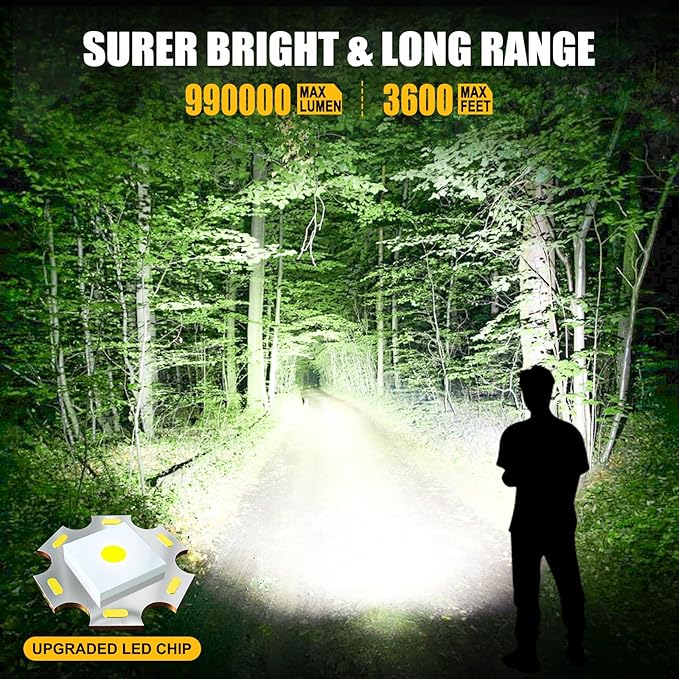 Rechargeable LED Flashlights High Lumens, 2 Pack 990000 Lumens Super Bright Flash Light with 7 Modes & COB Light, IPX7 Waterproof, USB Fast Charging Flashlights for Camping, Home, Emerge∩cies