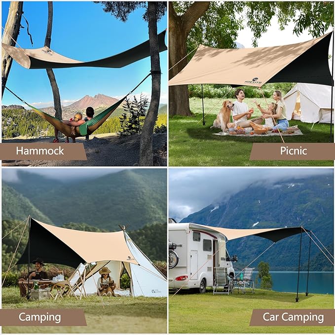 Camping Tarp with Poles & Retainer,15x12.5FT Large Waterproof 210D Oxford Cloth Camping Canopy, UV Blocking Rate 99.99% Tent Tarp Car Awning for Outdoor, Picnic, Hammock, Car, Backpacking(Khaki-Black)
