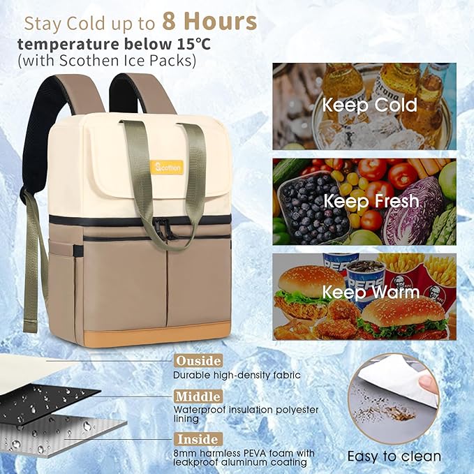 Backpack Cooler with Double Decker & 12 Ice Packs- Keeps 36 Cans Cold for Up to 24 Hours- Waterproof & Leak Proof Insulated Cooler Backpack- Stylish Cooler Bookbag for Women Travel Work Beach