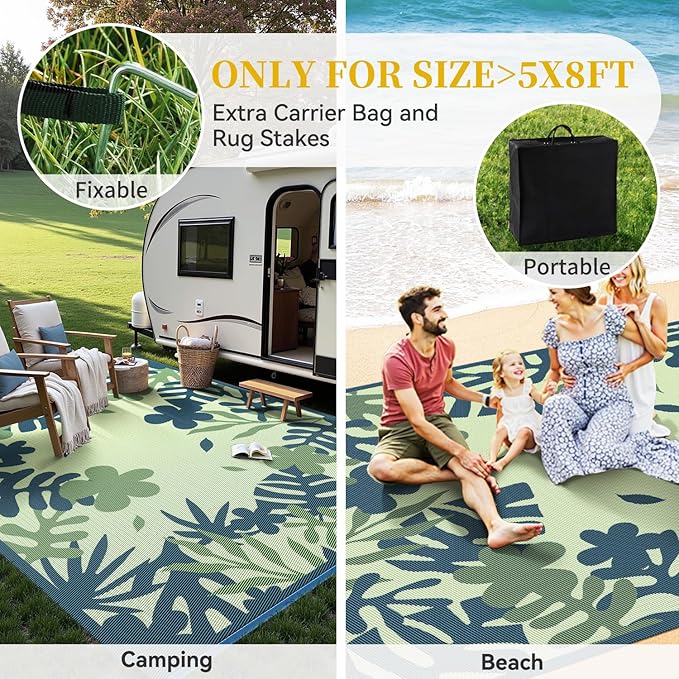 MontVoo Outdoor Rug Waterproof 5x8 ft RV Outdoor Rug for Camping Picnic Mat Outdoor Patio Rug Carpet Plastic Straw Reversible Floral Teal Blue Green