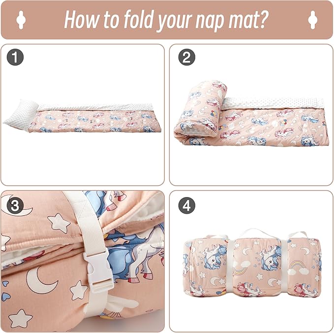 Bunnikins & Clover Toddler Nap Mat with Removable Pillow, Nap Mats for Preschool, Easy Clean Toddler Nap Pad for Kindergarten, Kids Sleeping Bag for Travel Camping