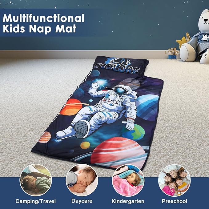Kids Sleeping Bag Nap Mat with Removable Pillow and Blanket,Extra Thick Large 2 in 1 Slumber Bags for Boys Girls,Toddler Nap Mat for Preschool Daycare Travel Camping