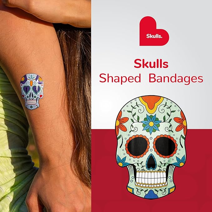 BioSwiss Bandages, Skulls Shaped Self Adhesive Bandage, Latex Free Sterile Wound Care, Fun First Aid Kit Supplies for Kids, 50 Count