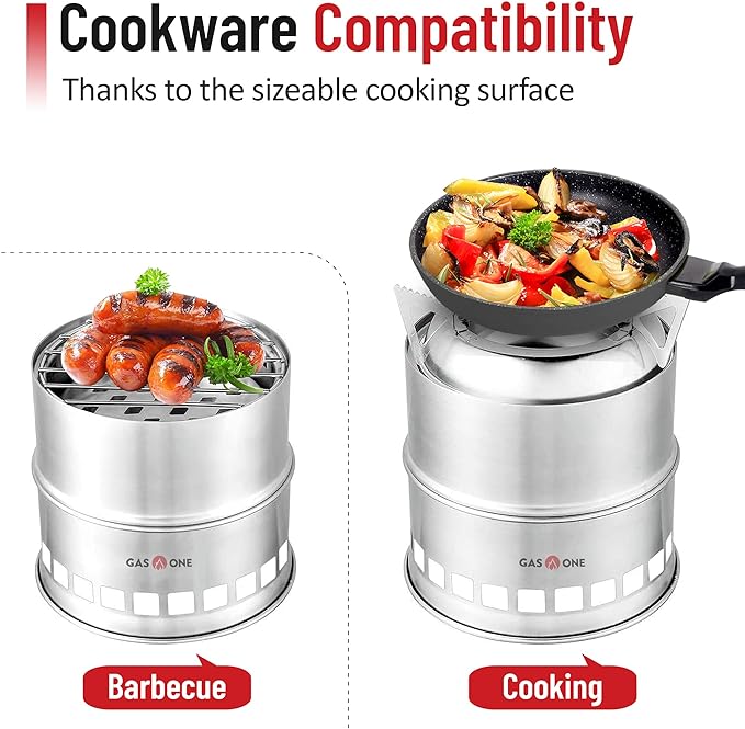 Gas One Camping Stove - Wood Stove Stainless Steel Portable Stove with Alcohol Tray Potable Wood Burning Stoves for Picnic BBQ Camp Hiking with Grill Grid