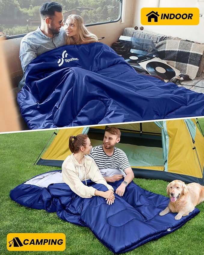 Sportneer Double Sleeping Bag for Adults with 2 Pillows, Queen Size Two Person Sleeping Bag for All Season, 2 Person Sleeping Bags for Cold Weather Camping Hiking Backpacking