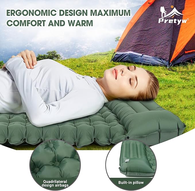 Sleeping Pad for Camping - Ultralight Camping Mattress with Pillow, Built-in Foot Pump, Compact Self-Inflatable Portable Camping Mat for Backpacking, Hiking, Car Traveling, Beach, Tent
