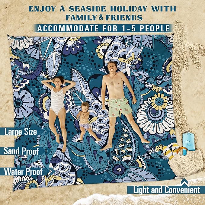 Beach Blanket Sandproof Waterproof 78''×81''1-5 Adults Oversized,Compact Lightweight Durable Beach Mat for Travel Camping Hiking Picnic Blanket