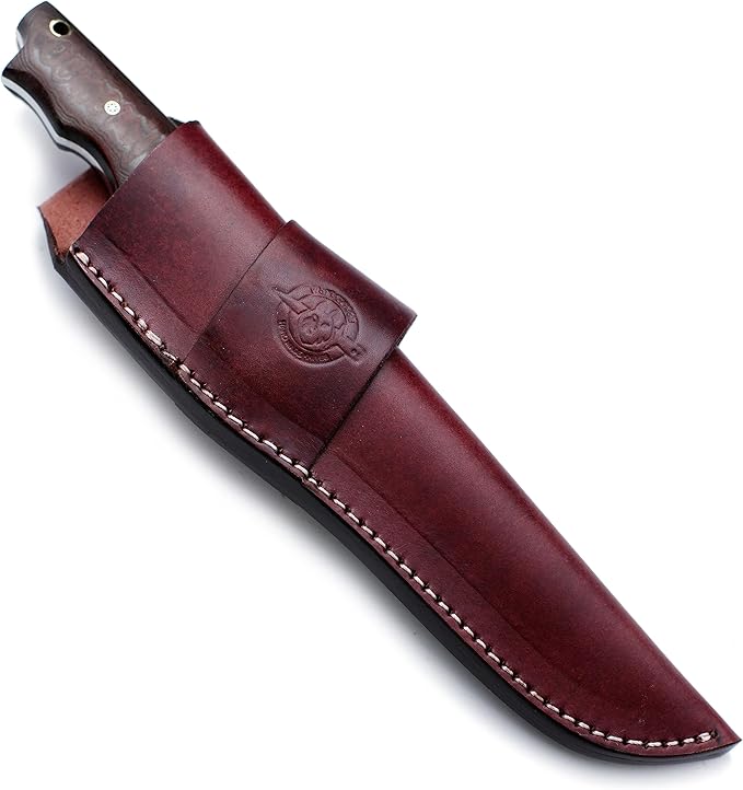Handmade Damascus Steel Bowie Knife for Hunting, Survival, and Camping,bushcrafting and Fishing - Full Tang Micarta Handle, Fixed Blade with Flat Edge, Cowhide Leather Sheath WKD-794