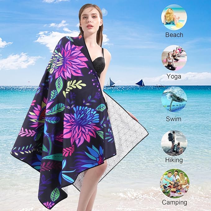 Microfiber Compact Sandproof Pool Beach Towel Blanket - Quick Fast Dry Sand Free Proof Outdoor Clearance Thin Camping Travel Swim Towels Personalized Girls Women Men Adults Friend Gift Purple Flower