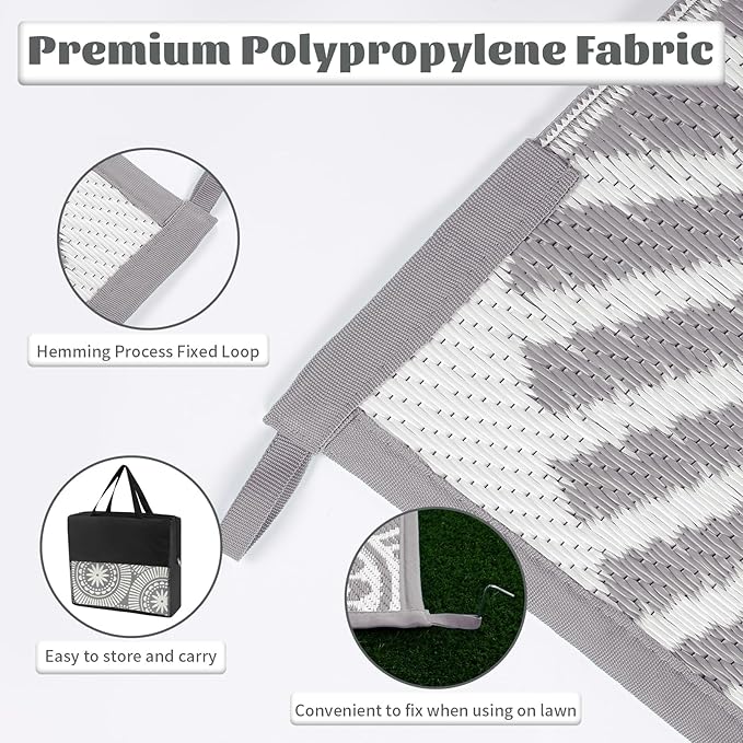 Ileading Large Plastic Outdoor Rug 9x12ft Modern Geometric Style Reversible Patio Area Rugs Waterproof Non Shedding Portable Carpets for Rv Outside Deck Pool Beach Picnic Camping (Grey)