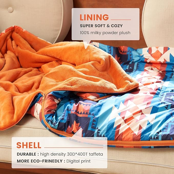 Cozy Bliss Puffy Outdoor Camping Blanket, Sleeping Bag, Picnic Mat-3 in 1 Multi Use, Warm Down Alternative Filled, Lightweight Packable for Hiking Travel Stadium Concerts, Gift for Children 63"x78"