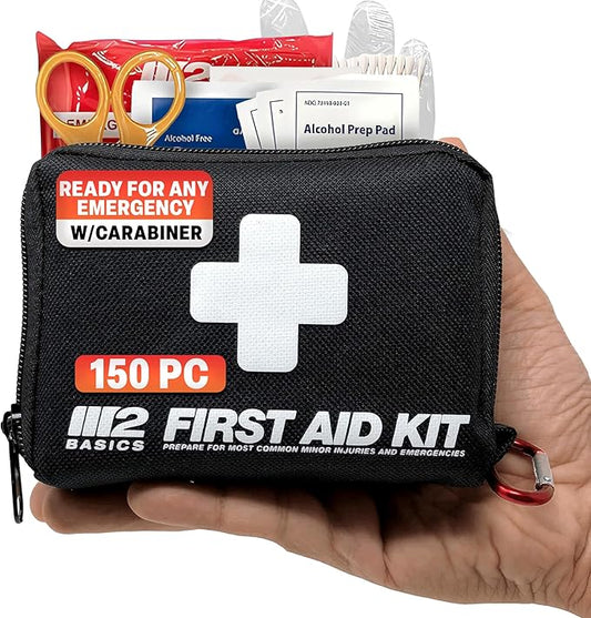 M2 BASICS All-Purpose 150 Piece First Aid Kit | Car, Travel, Home, Hiking, Camping, Survival | Small Emergency Kit, Medical Kit