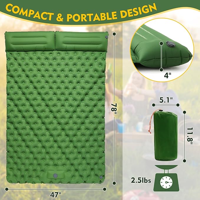 Sleeping Pad for Camping, Ultralight Self Inflating Camping Mat Camping Mattress with Pillow, 78''X47''/78''X27'', Built-in Foot Pump, Camping Pad Air Mattress for Backpacking, Hiking, Traveling, Tent