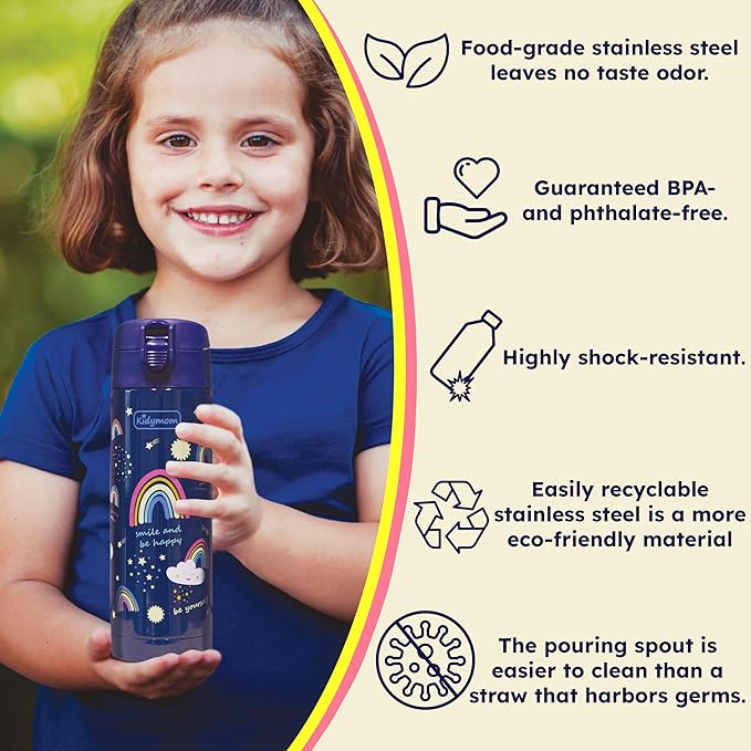 Stainless Steel Water Bottle Kids 12 oz With Carrying Pouch| Insulated Water Bottle For Kid, Toddler, Girls, Boys or Teen | Leakproof, BPA-Free | Little Metal Tumbler for School | Rainbow Girl