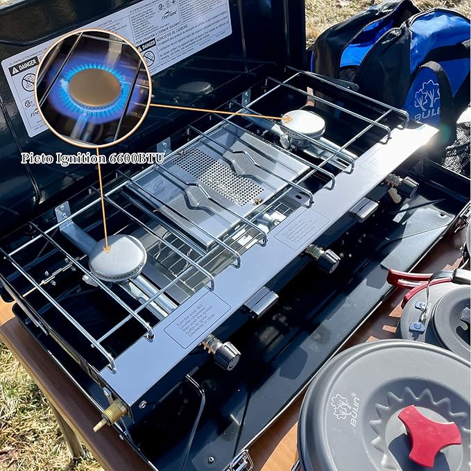Camping Stove 3 Burner 20400 BTU Propane Portable Stove with Regulator, Toast Tray, Windshield for Car Camping BBQ Picnics Outdoor Cooking Camping Gas Stove