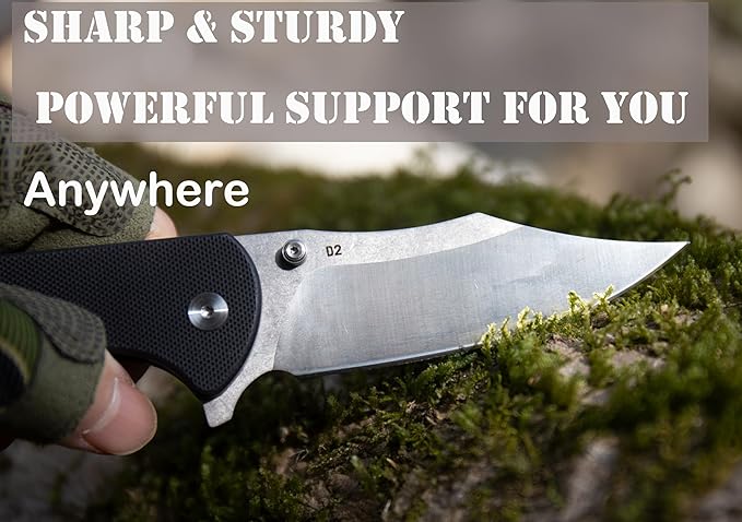 FD04 Folding Pocket Knife, D2 Steel Blade G10 Handle and Button Lock EDC Pocket Cool Knife for Men and Women, Camping Hunting Hiking Fishing Knives Tools (Black Clip)