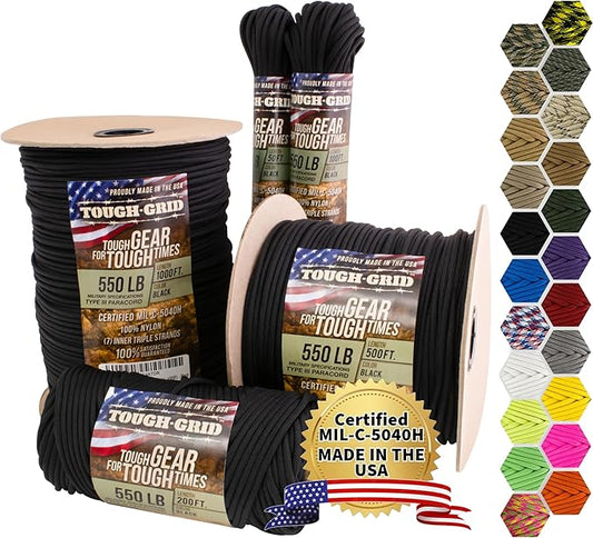 TOUGH-GRID Premium Black Paracord 550 lbs Made in USA Outdoor Survival Nylon Rope Tactical Heavy Duty Strands Parachute Cord Used by US Military Type III Mil-Spec