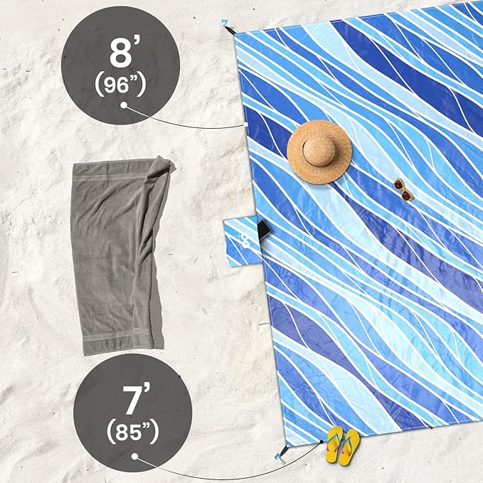 Everlasting Comfort Beach Blanket Waterproof Sandproof - Large Oversized Beach Mat for 10 People w/Stakes, Storage Bag - Beach Accessories for Family, Picnic, Concert, Travel