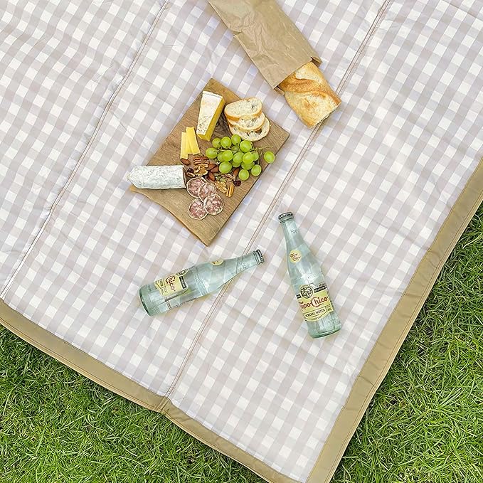 Little Unicorn Outdoor Family Picnic & Beach Blanket, Water-Resistant, Compact Fold, XL Size, 5 x 10 feet, (Beige Buffalo Check)