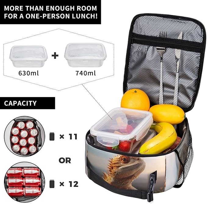 SARA NELL Bearded Dragon Insulated Lunch Bag Lizard Lunch Box for Women Men Teens Kids, Reusable Lunch Tote Bag, Leakproof Thermal Insulated Lunch Bags for Work, Picnic, School or Travel