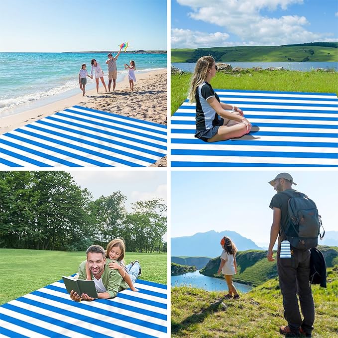 Blue Stripe Beach Blanket Sandproof Waterproof, Extra Large 78"×86" Beach Mat for 1-4 Adults w/Stake & Pocket,Compact Lightweight Sand Free Picnic Mat Beach Essential-Ultra Marine