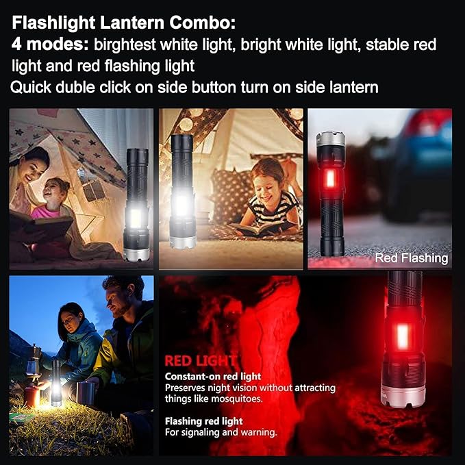 Worlds Smallest Brightest Flashlight High Lumen 5000 Military Rechargeable Zoom Searchlights Lantern Combo with Red Light Optional for Kids Camping Hiking Daily Use Car Hunting Fishing, Black