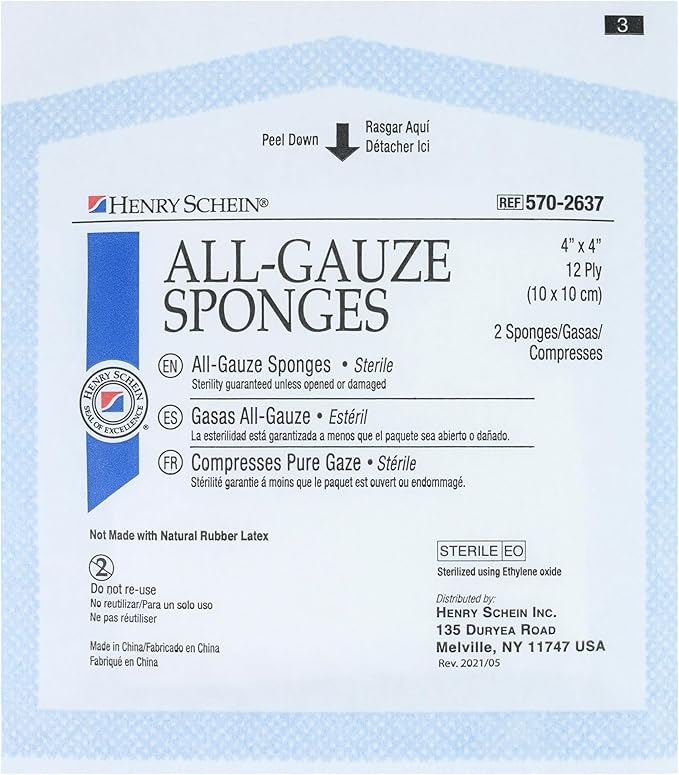 Premium 100% Cotton All-Gauze Sponge 4x4 12 Ply Sterile Square for Wound Care & Home First Aid Kits - 50/Box