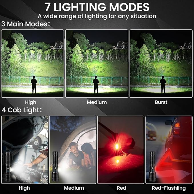 Rechargeable Flashlight 990000 High Lumens, Super Bright LED Flashlight with 7 Modes, Waterproof Powerful Flash Light for Camping, Home, Emerge∩cies (Black)