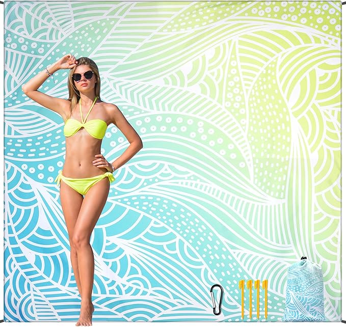 Beach Blanket Waterproof Sandproof Beach Mat 79βx 83β for 1-4 Adults Quick Drying Durable Outdoor Picnic Mat for Beach Festival Travel Camping Hiking (Gradiant BL&GN-Ripple, 79"Γ83"(4 Person))
