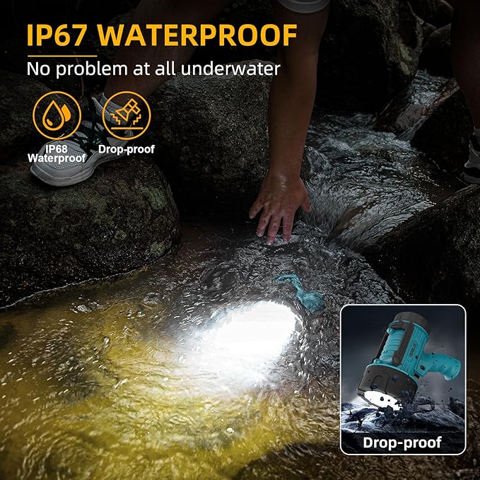 YIERBLUE Rechargeable Spotlight Floodlight Combo 1000,000 Lumen LED, IP67 Waterproof Spot Light COB Flood Light, Impact Resistant Handheld Spotlight with Foldable Stand and Detachable Red Lens