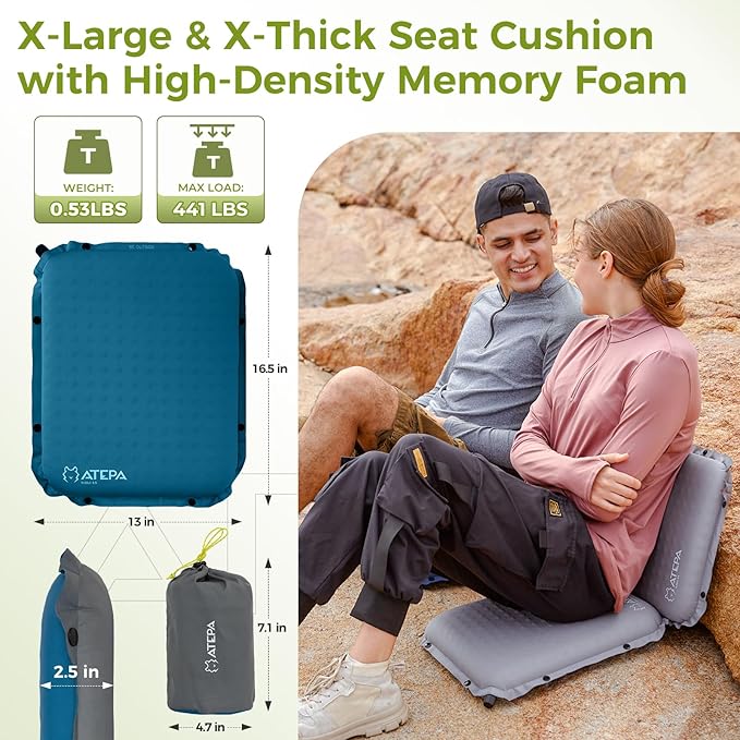 ATEPA Inflatable Stadium Seat Cushion, Self-Inflating Memory Foam Stadium Seats Camping Accessories Chair Pad for Outdoor Airplane Travel Bleacher Patio Backpacking
