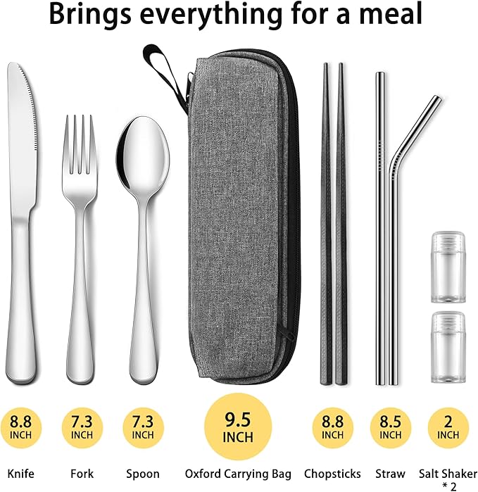 Travel Utensils Set with Splash-poof Bag, Portable Cutlery for Work, Reusable Camping Silverware Utensil, 18/0 Stainless Steel Flatware for Adult Lunch Picnic Hiking EDC Gadgets Lunch Box
