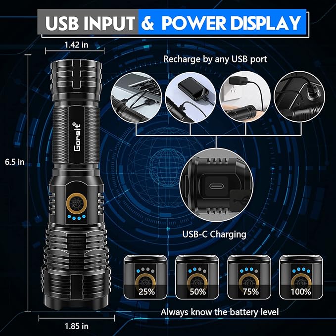 Flashlights LED High Lumens Rechargeable, Goreit 950000 Lumens XHP70.2 Super Bright Flashlight, Flash Light Battery Powered, Powerful Handheld Flashlight with holster for Emergency Camping Hiking Gift