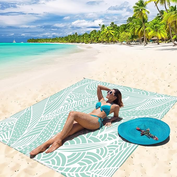 Beach Blanket Waterproof Sandproof Beach Mat 79" X 83" /10'x9'for 2-8 Adults Quick Drying Outdoor Picnic Mat Beach Accessories for Travel, Camping, Hiking