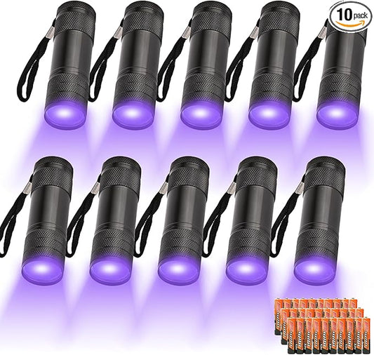 10 Pcs UV Black Light Flashlights Bulk, 9 Led 395-400nm Mini Blacklight Handheld Portable Torch Pet Urine Detector for Bed Bug, Hair, Dog Cat Urine and Stains Batteries Included