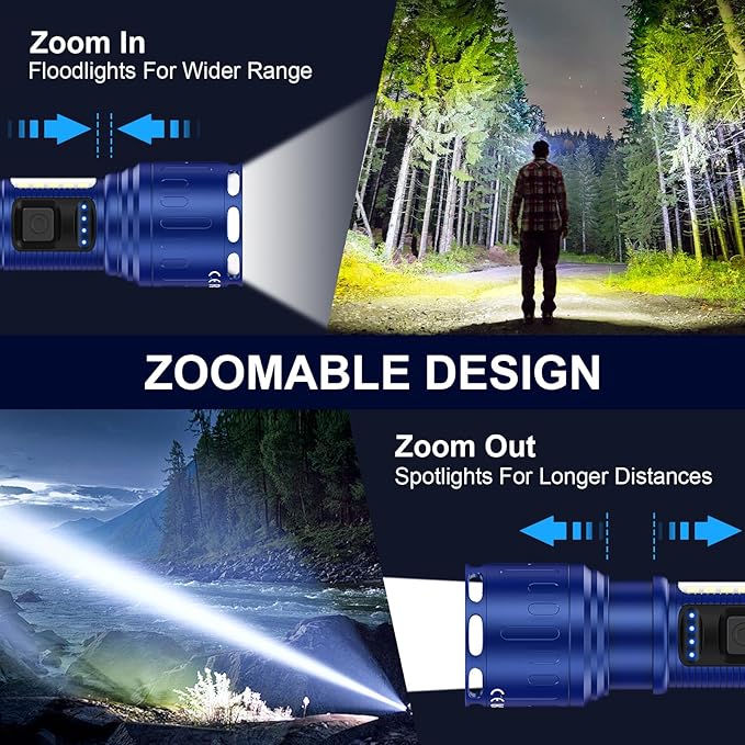Flashlights 100,000 High Lumens Rechargeable - Super Bright LED Magnetic Flashlight with Sidelight 8 Modes Waterproof Powerful Handheld Flash Light for Emergency (1 Pack with Leather Box, Blue)