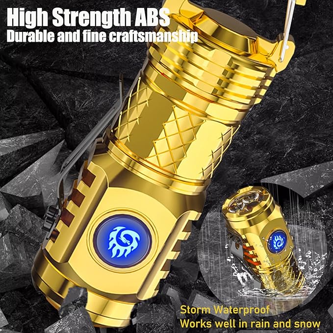 German Three-eyed Monster Mini Flashlight Thumb Flashlight, Mini Flash Super Power Flashlight, Multi-Functional Mini Pen Clip Flashlight Light Steel High Lumen Rechargeable Waterproof (Gold)